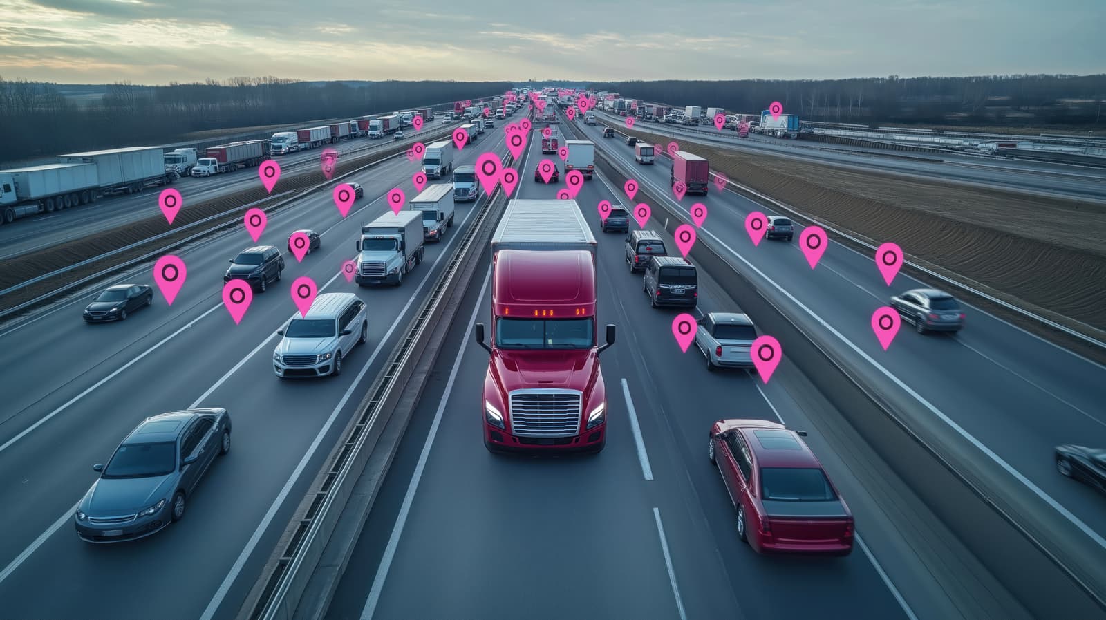 Highway traffic with live tracking pins